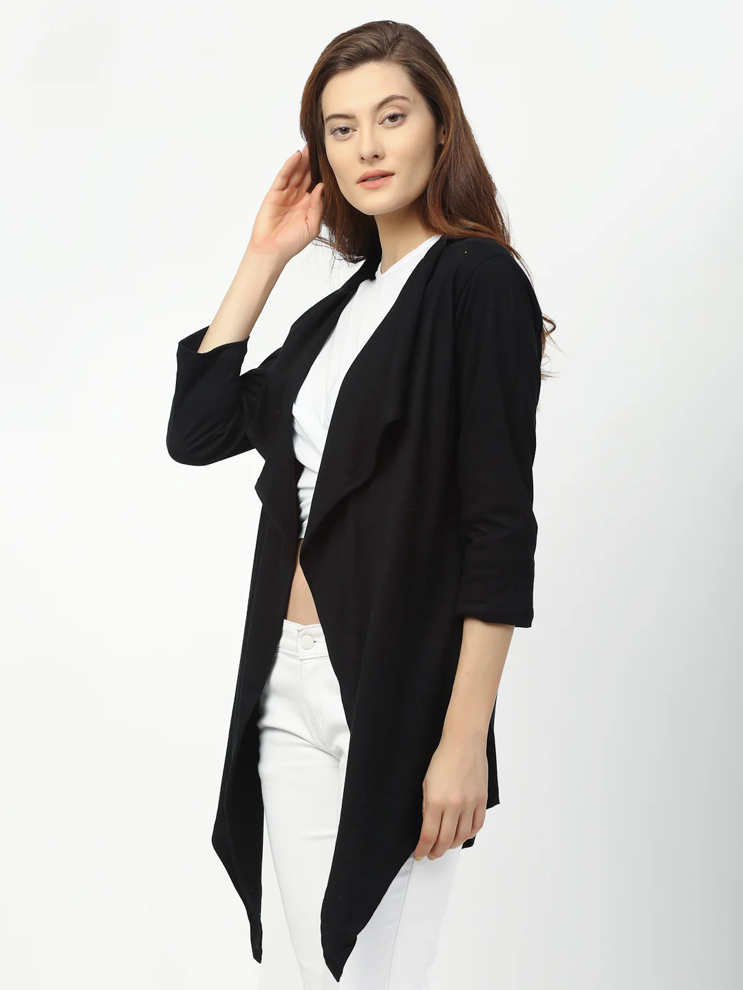 Women Black Waterfall Collar Front Open Long Shrug - Image 2