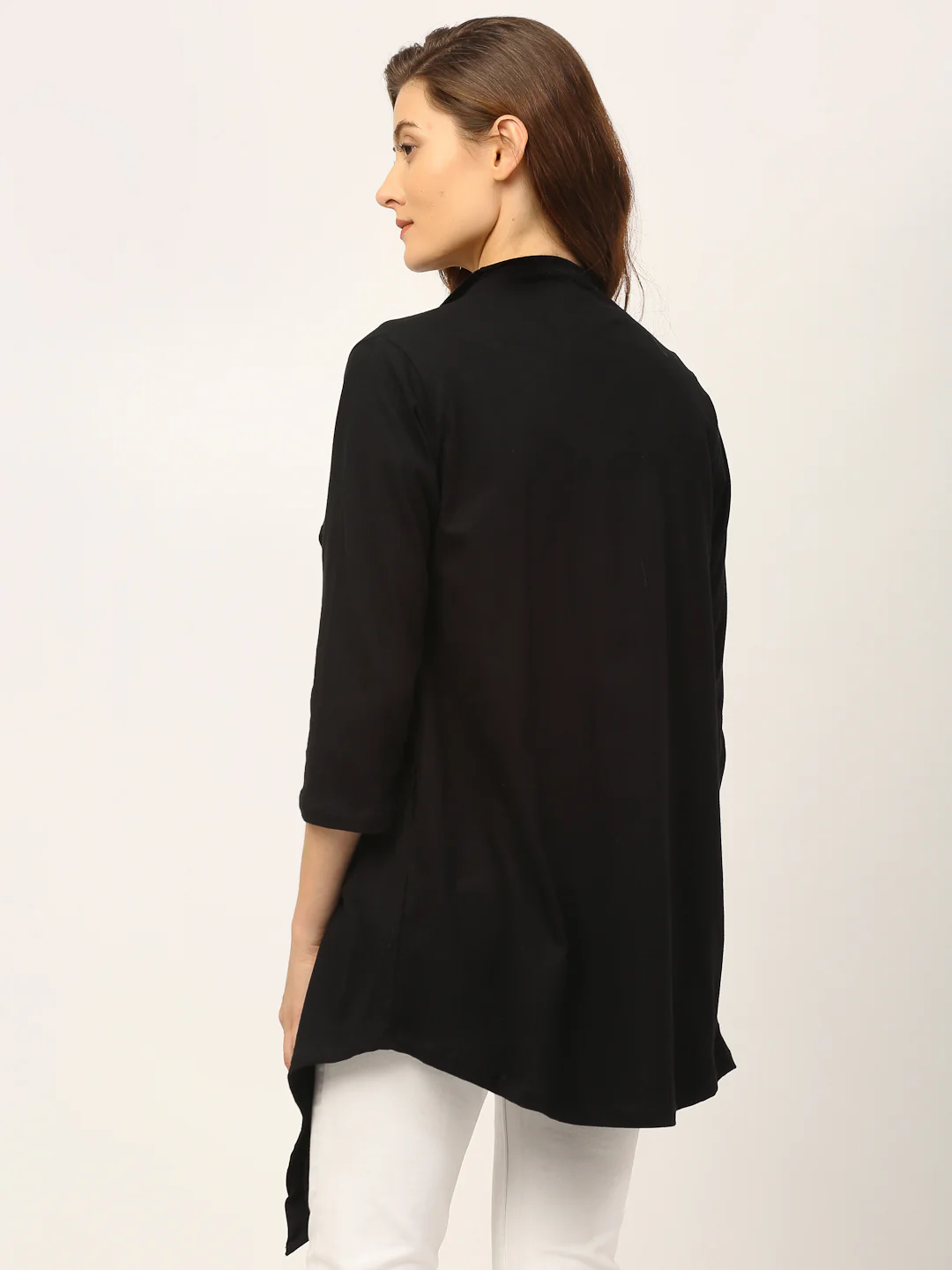 Women Black Waterfall Collar Front Open Long Shrug - Image 3