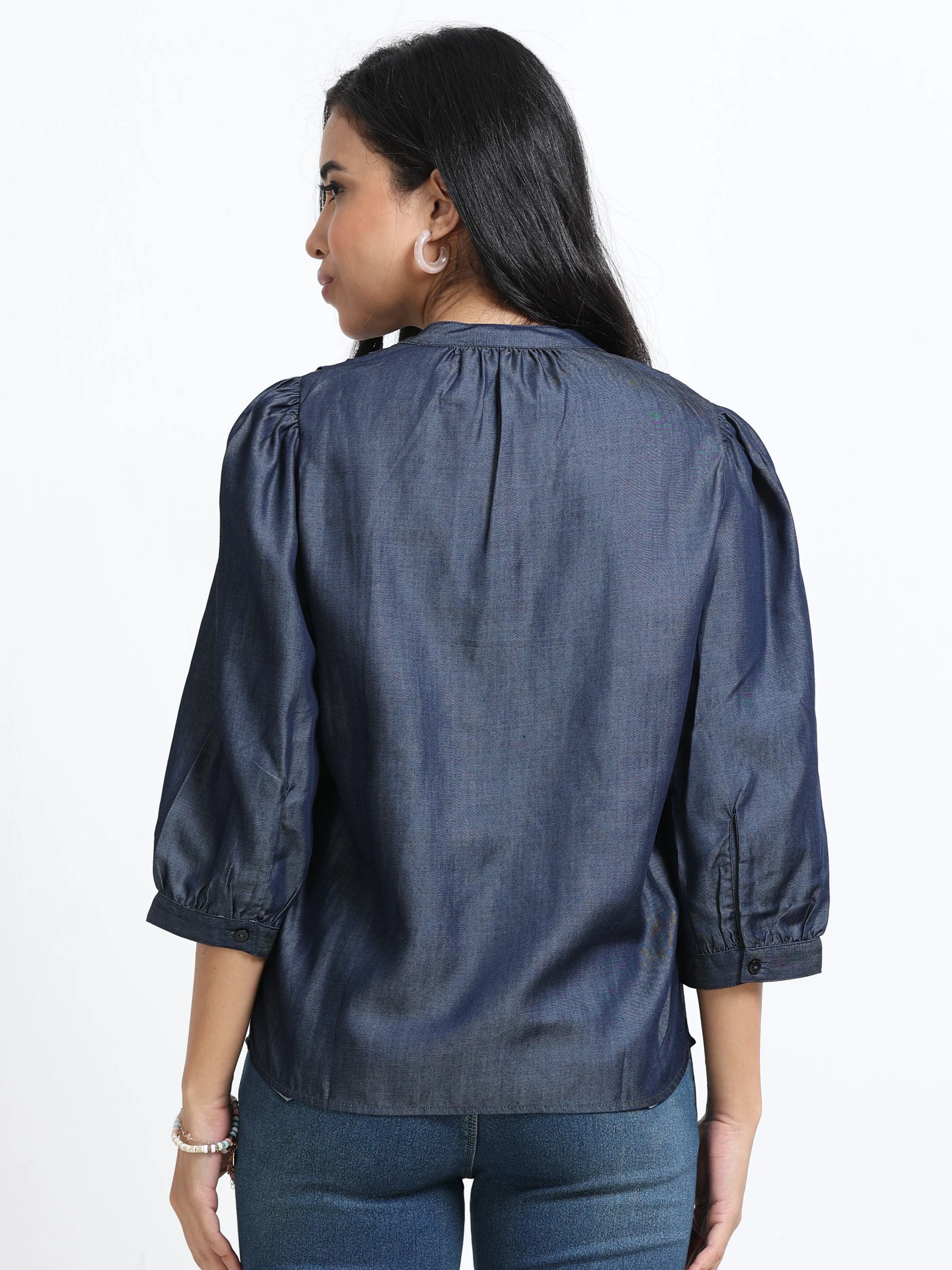 Women Denim Look Pintuck V-Neck Top - Image 2