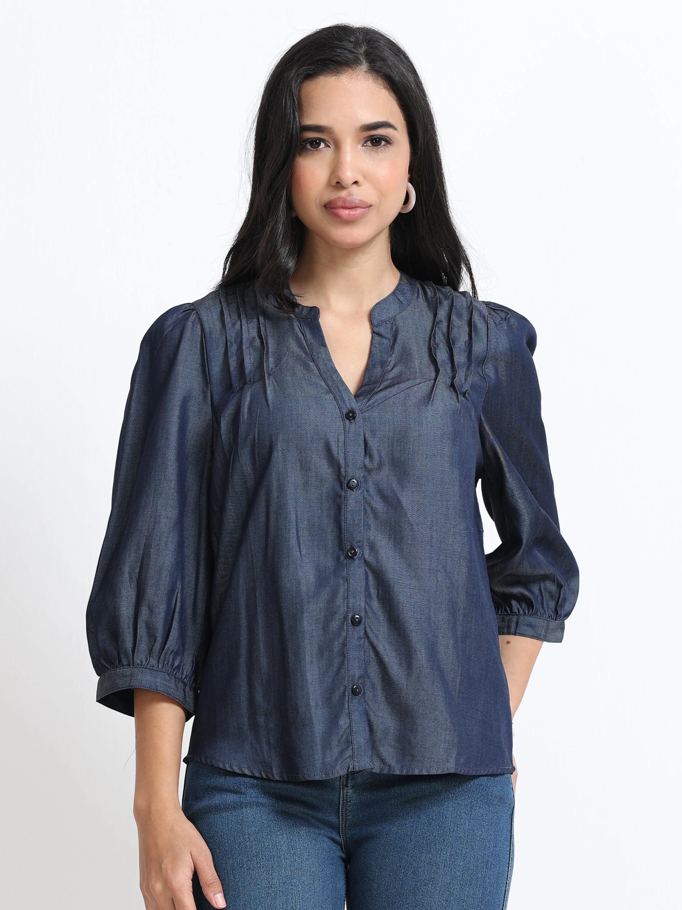 Women Denim Look Pintuck V-Neck Top - Image 3