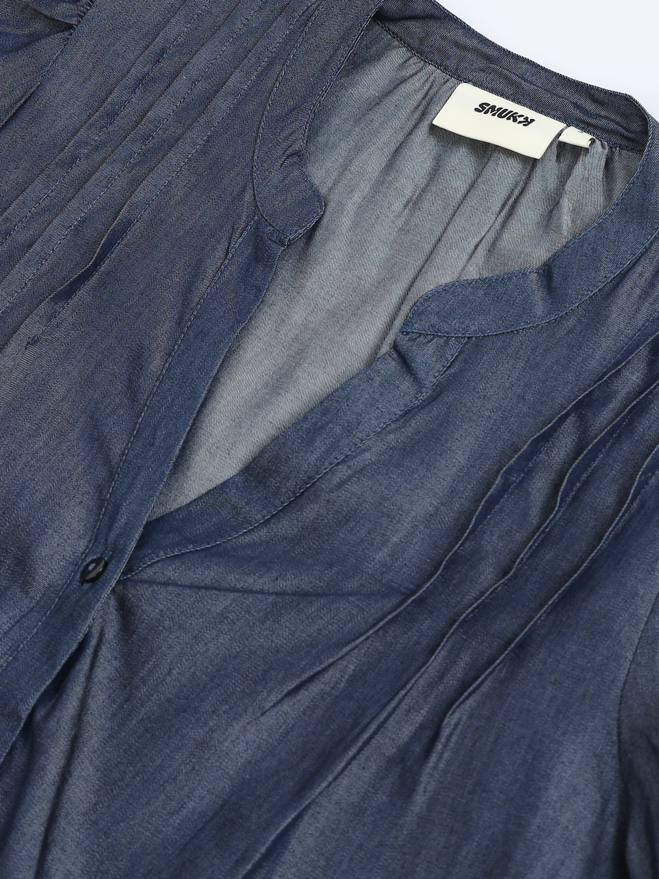 Women Denim Look Pintuck V-Neck Top - Image 4