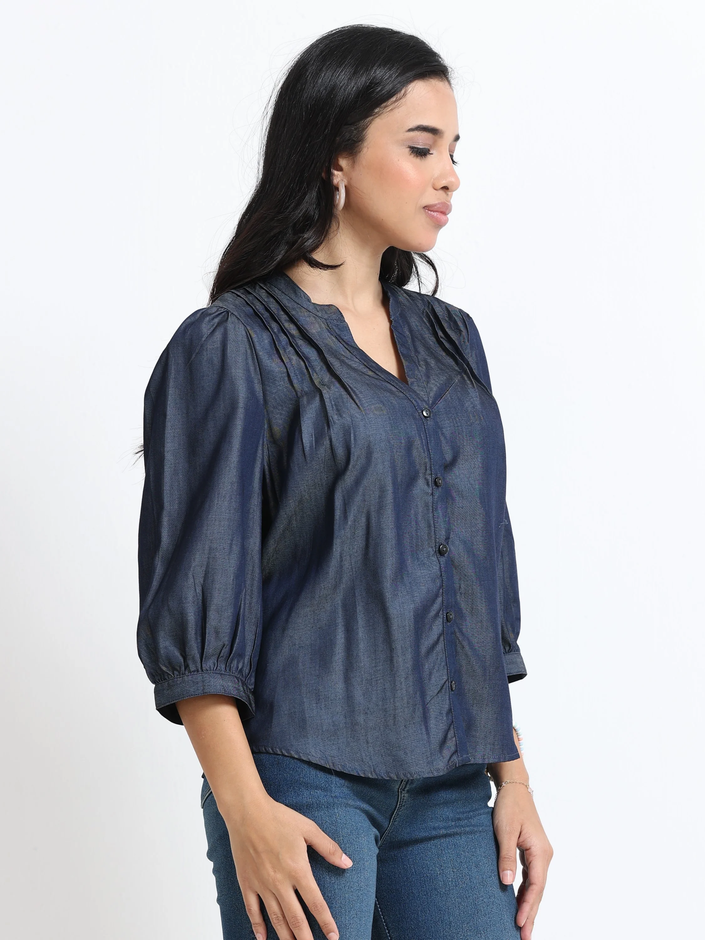 Women Denim Look Pintuck V-Neck Top - Image 5