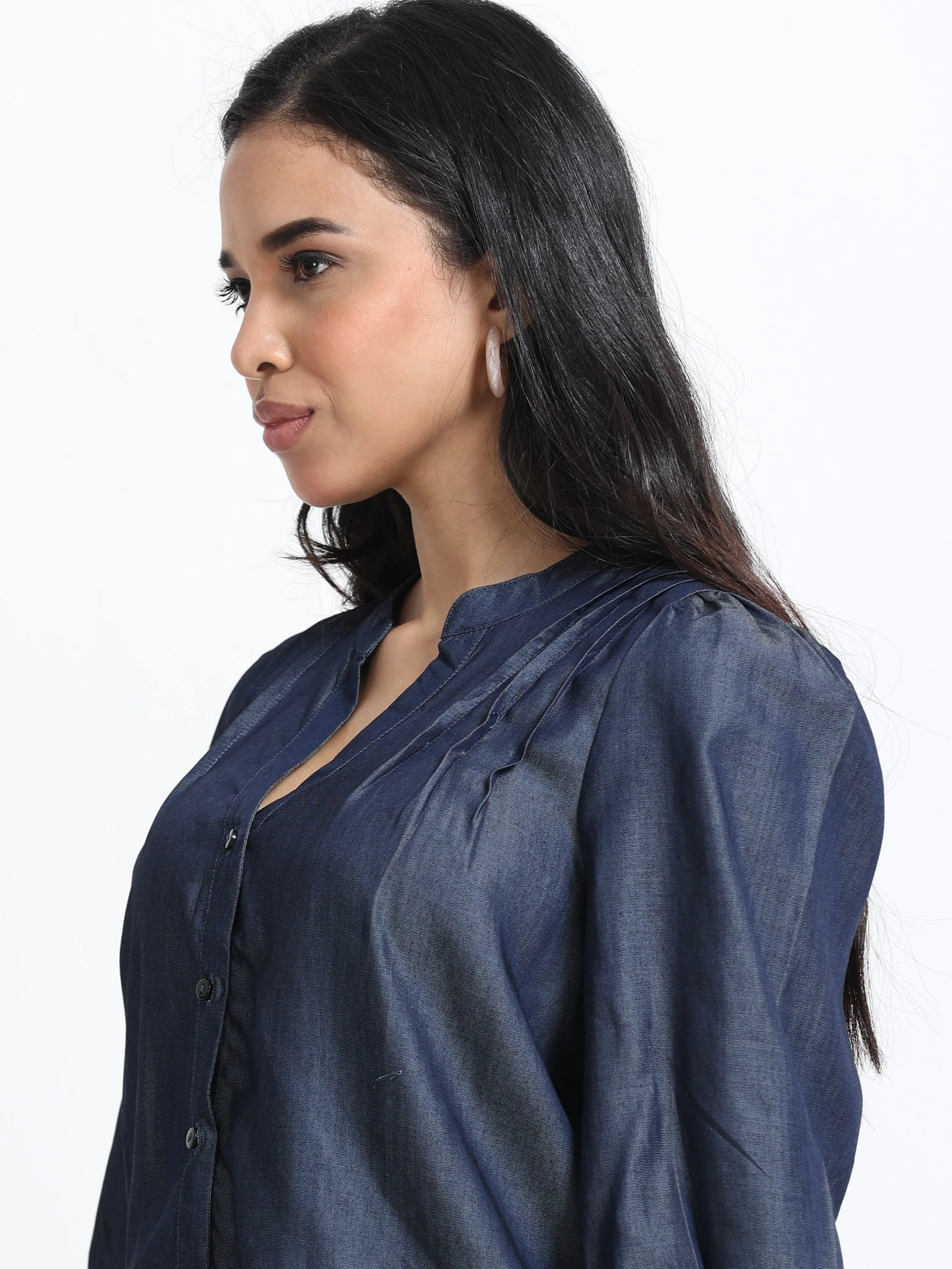 Women Denim Look Pintuck V-Neck Top - Image 6