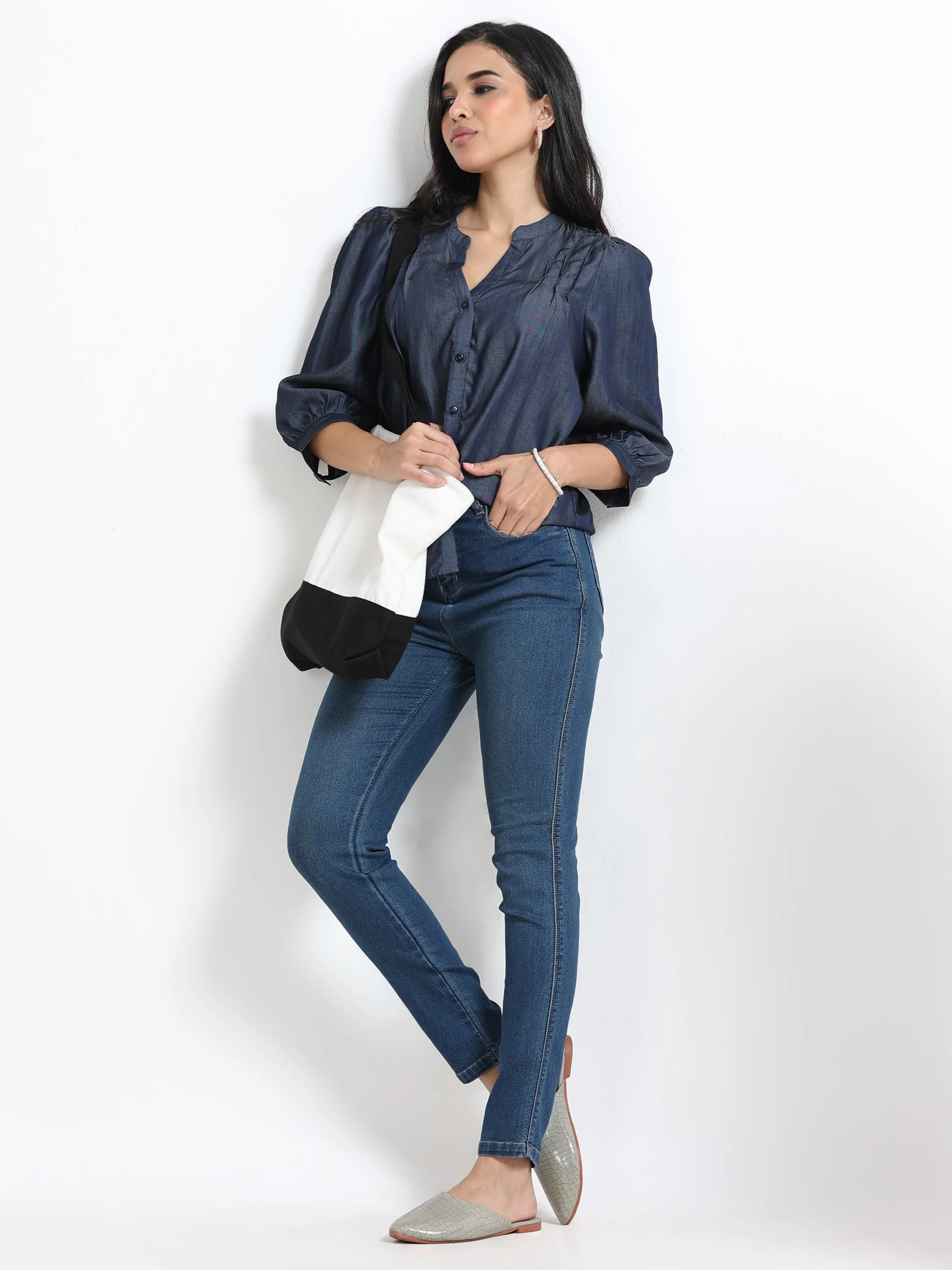 Women Denim Look Pintuck V-Neck Top - Image 7