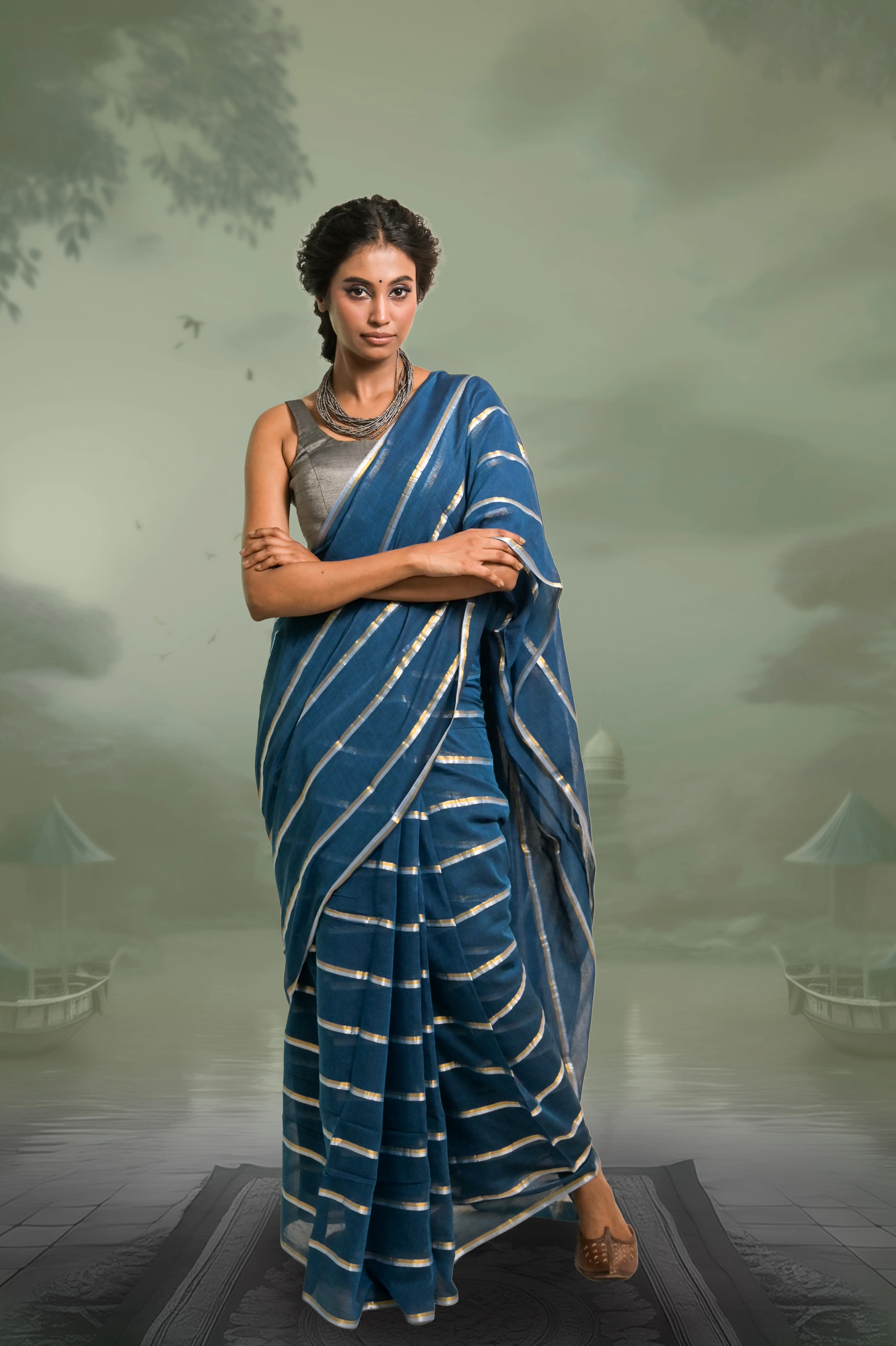 Yashini Blue Handloom Mul Cotton Saree with Zari Stripes - Image 2