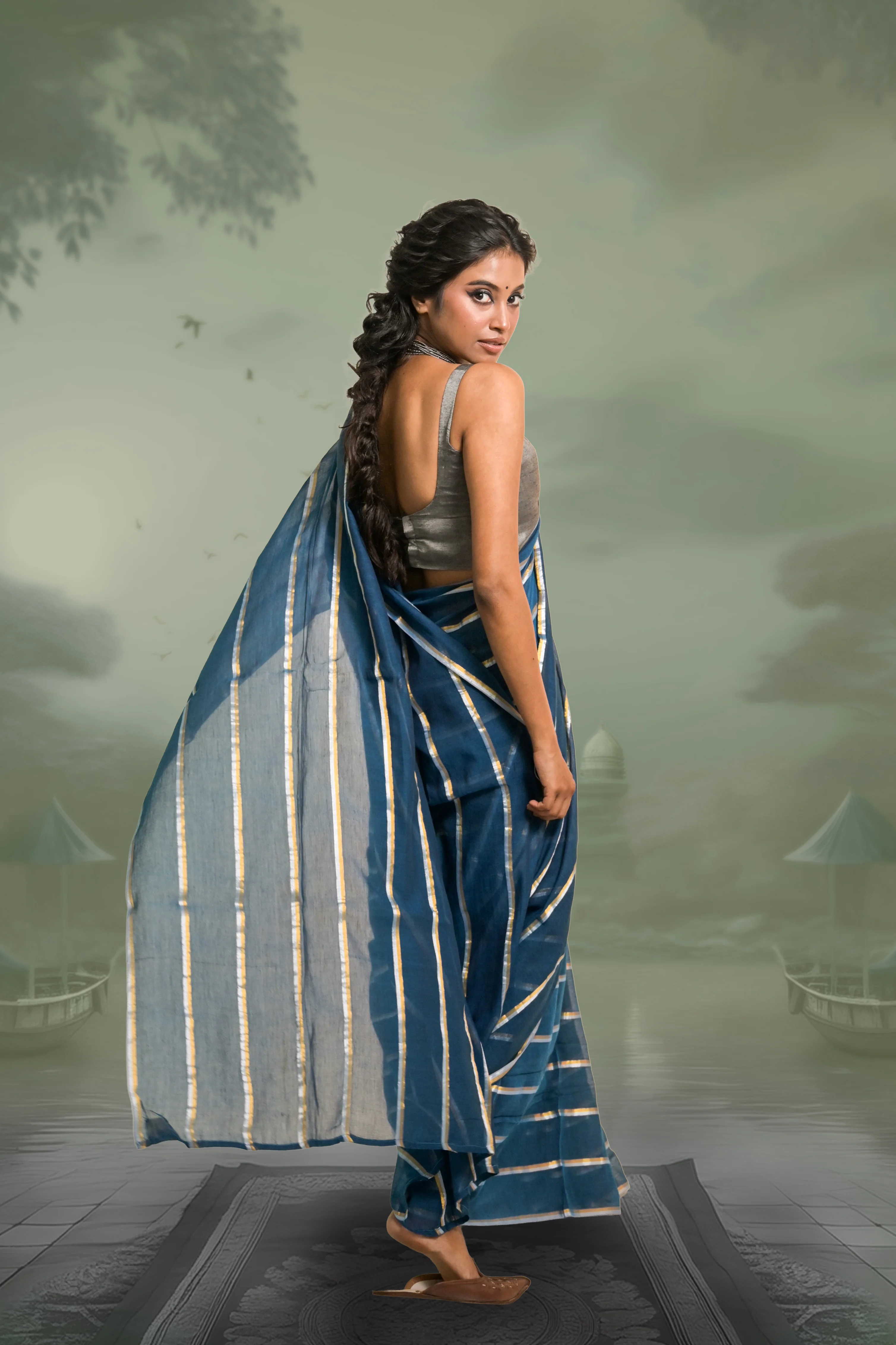 Yashini Blue Handloom Mul Cotton Saree with Zari Stripes - Image 3