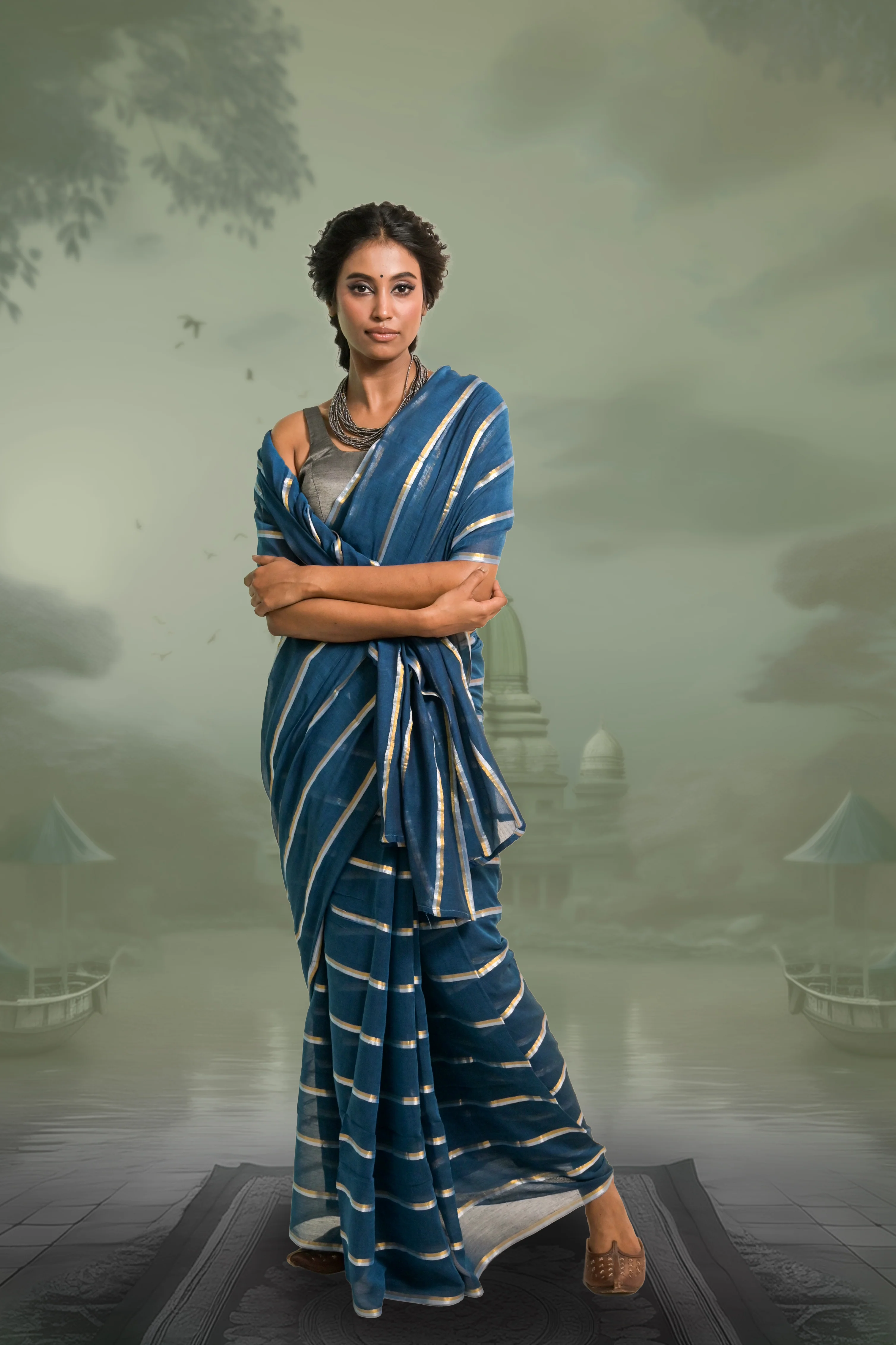 Yashini Blue Handloom Mul Cotton Saree with Zari Stripes - Image 4