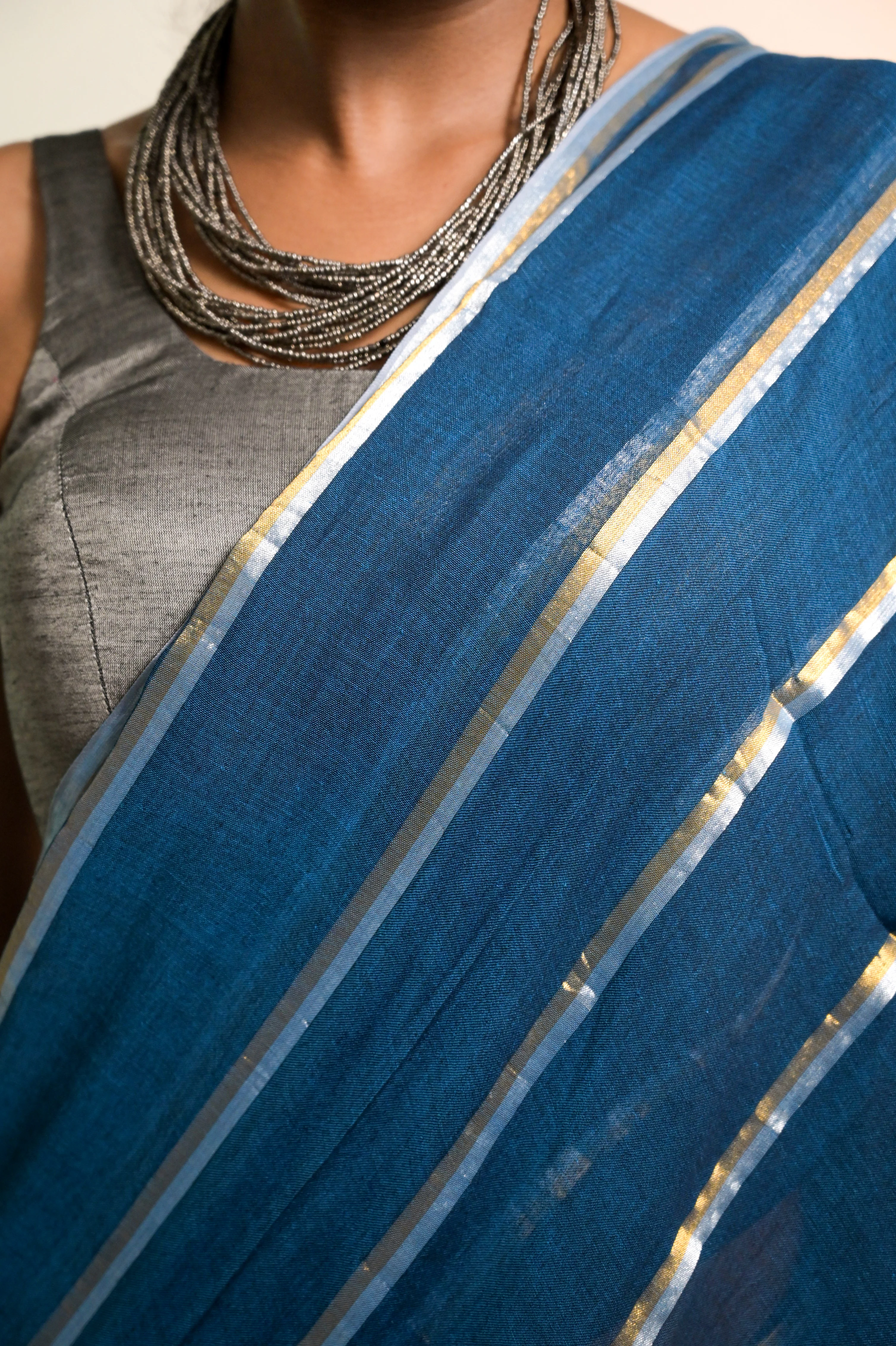 Yashini Blue Handloom Mul Cotton Saree with Zari Stripes - Image 5