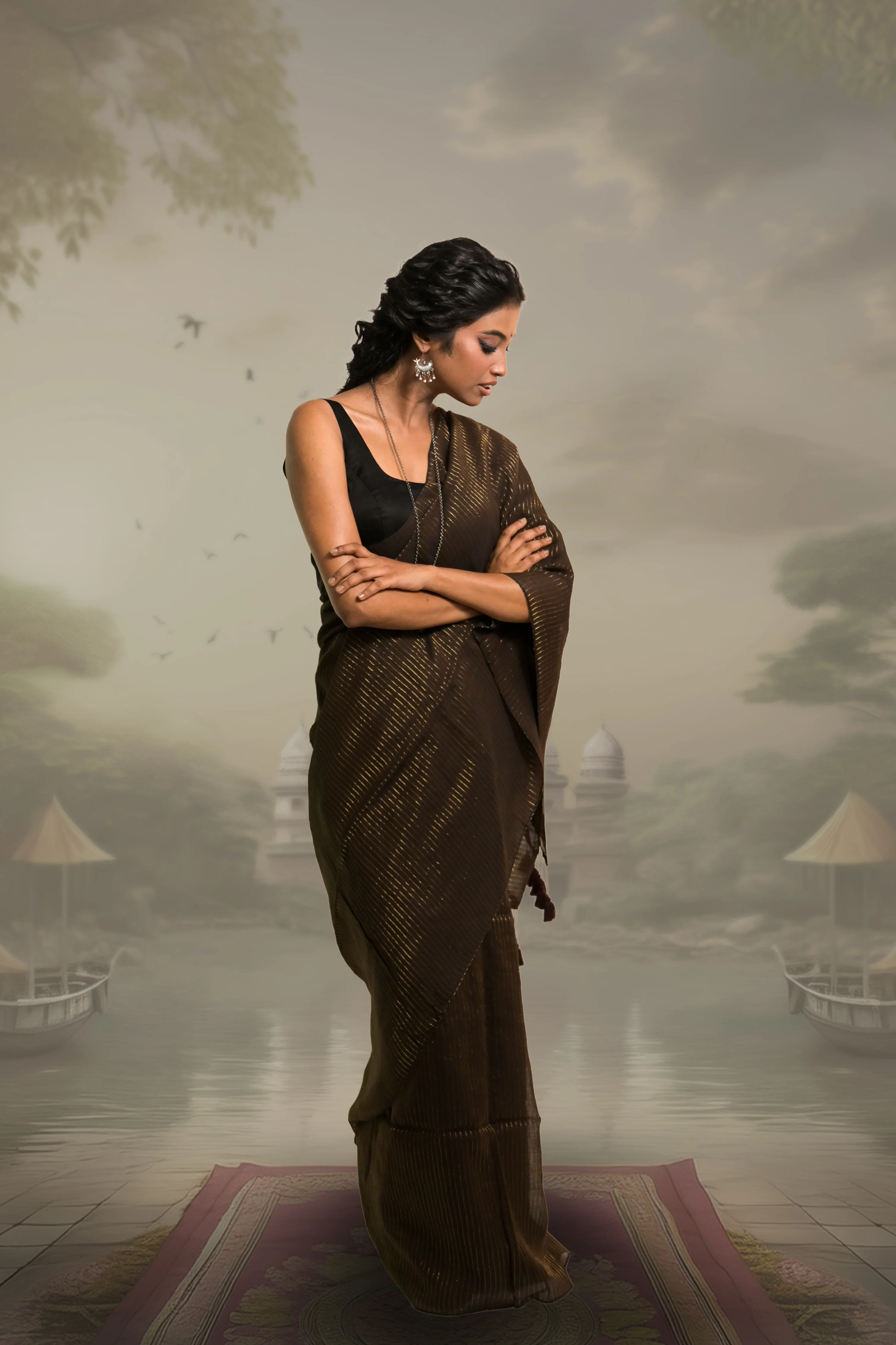 Zari Mridang Dark Brown Handloom Mul Cotton Saree with Zari Stripes - Image 2